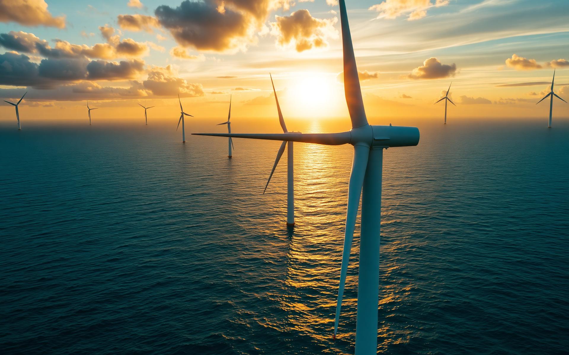 Fermă eoliană offshore la asfințit — sectorul energiei regenerabile